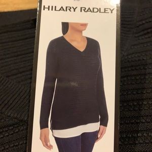 Hilary Radley long sleeve black vneck white shirt poking …